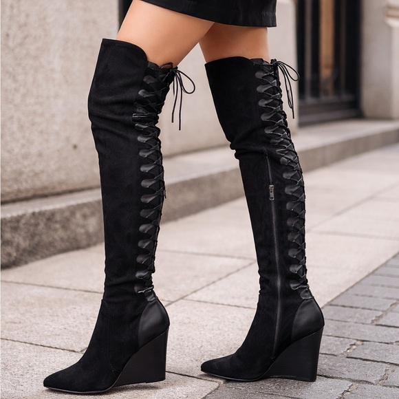 Shoes - Statement Black Suede Over-the-Knee Lace-Up Wedge Boots | Size 10